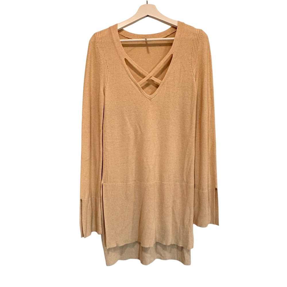 Free People Beige Crisscross V Neck Split Hem Ribbed Knit Tunic Sweater Top S